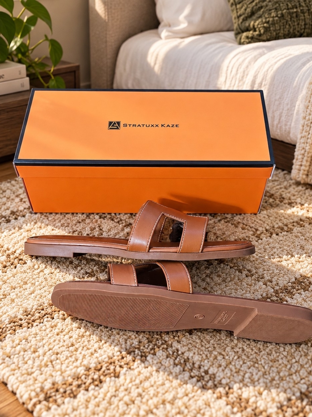 Womens  Brown Leather Slide Sandals